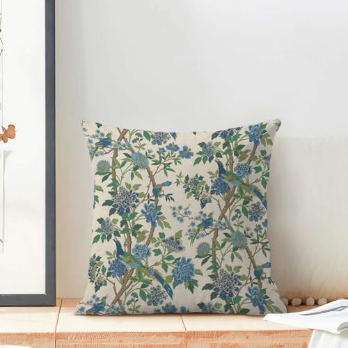 Chinoiserie Pillow Covers 18x18 Set of 2 Blue Green Floral Birds Throw Pillow Covers Decoration Spring Summer Floral Farmhouse Decorative Linen Cushion Cover for Couch Sofa Outdoor Decor - color: Blue Green-flower Birds-2, size: 18" x 18" (Pack of 2)