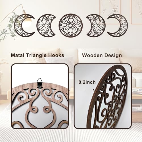 ASMANNA 5 Pcs Moon Wall Decor Wooden Moon Phase Wall Hanging Bohemian Style Bedroom Home Wall Pediment Bohemian Lunar Aesthetic Art for Bedroom Living Room Dorm Apartment Office(Brown) - color: Brown1