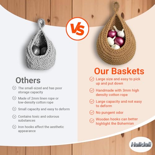 Hanging Fruit Baskets for Kitchen, 3 Pack Boho Cotton Rope Handwoven Vegetable Storage Wall Mounted Large Organizing Basket for Farmhouse Decor, Onion, Potato, Garlic and Plants (Caramel) - color: Caramel