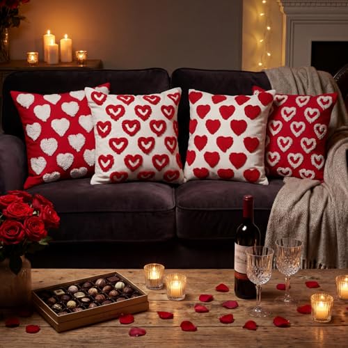 Fourluoo 4 Pcs Valentine's Day Throw Pillow Covers 18x18 Inch Soft Heart Decorative Pillowcase Plush White Red Soft Plush Pillow Covers Cushion Case Decorations for Sofa Living Room Valentine Gift - style: Heart