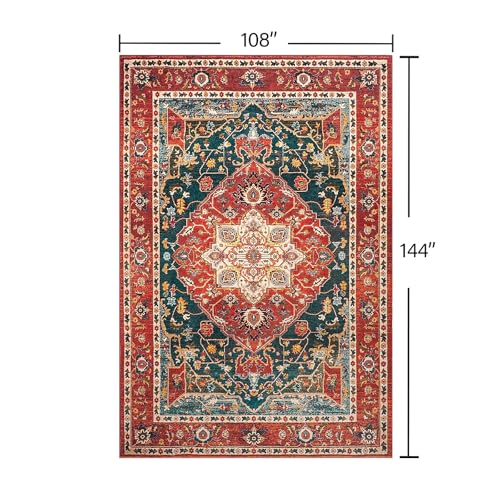 YJ.GWL Area Rugs for Living Room 9x12 Machine Washable Rugs, Non Slip Floral Vintage Rug Indoor Carpet, Stain Resistant Large Rug for Bedroom Dining Room, Orange-Red - color: Orange-red, size: 9' x 12' (Rectangular)