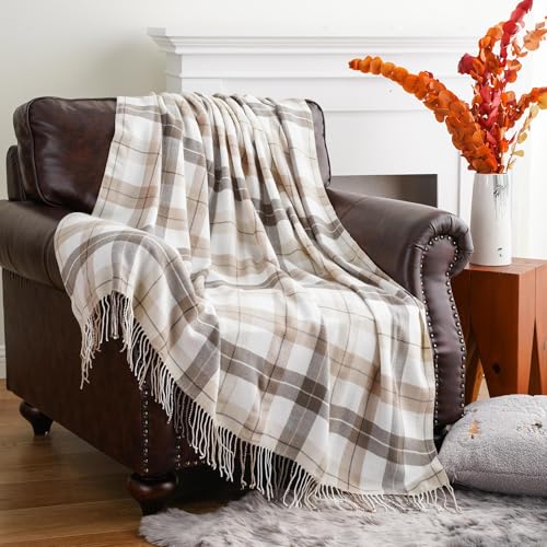 BATTILO HOME Fall Plaid Throw Blanket for Couch, Farmhouse Checkered Decor Throw, Lightweight Beige Throw Blankets for Bed Sofa Neutral Fall Decor, 49"x63" - color: Grey&white