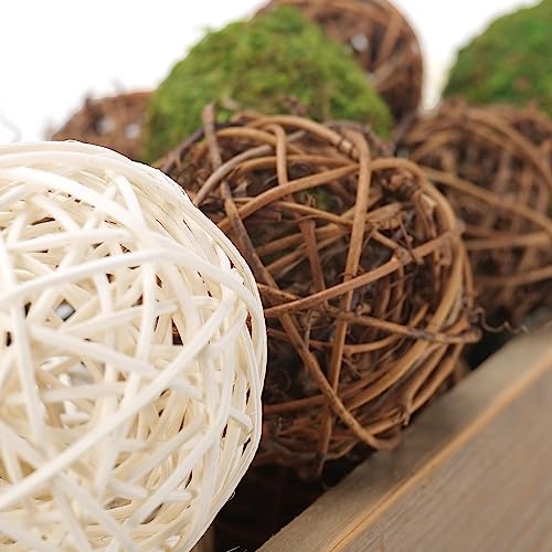 USMOLA 18Pcs Decorative Balls for Centerpiece Bowl - 6Pcs Fake Moss Balls + 12Pcs Rattan Wicker Balls, Artificial Moss Decorative Balls Vase Fillers for Home Garden Wedding Party Decor (Rustic)