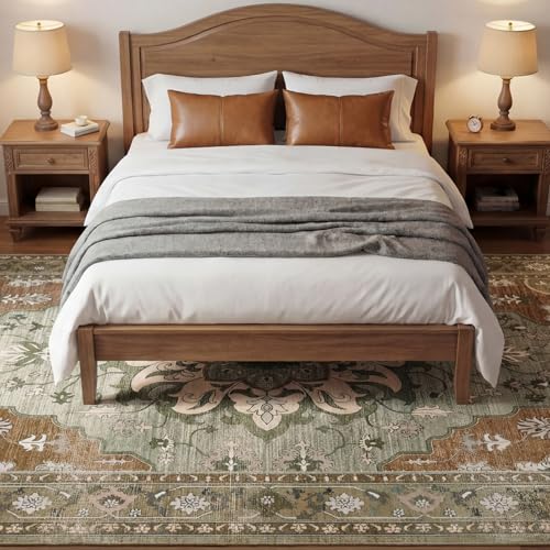 10x14 Area Rugs for Living Room, Machine Washable Boho Vintage Rug, Waterproof Surface & Non-Slip Backing, Foldable Soft Low Pile Floral Medallion Carpet for Bedroom Dining Room - color: Green/Orange, size: 10' x 14' (Rectangular)
