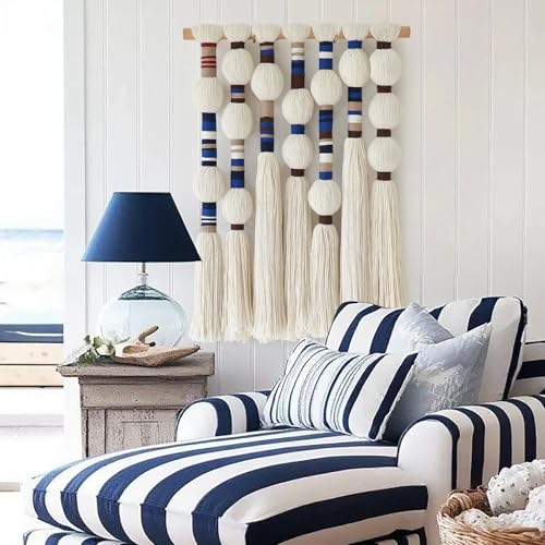Flber Macrame Wall Hanging Blue Handmade Yarn with Ball Tassels 15.7" Wx 21.6" L - color: Blue