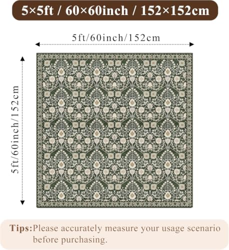 5x5 Floral Area Rug Washable: Non-Slip Low Pile Square Living Room Rug,Water Resistant Non-Shedding,Pet Friendly Soft,for Kitchen Bedroom Entryway Dining Room Indoor Decor 5ft - color: Green, size: 5' x 5' (Square)