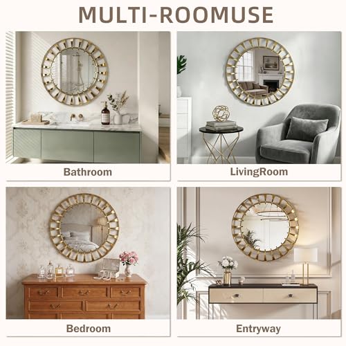 Gold Sunburst Round Wall Mirror 32", Decorative Circle Metal Frame Mirror,Large Decorative Circular Wall Mirror for Entryway or Bedroom - color: Sunburst - 32"l X 32"w