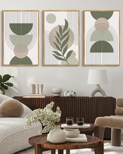 Drsoum 24x36in Large Boho Wall Art Green Sage Decor Framed Wood Modern Bohemian Abstract Geometry Canvas Prints Ready to Hang for Bedroom - color: green boho decor, Natural Framed, size: 24" x 36"