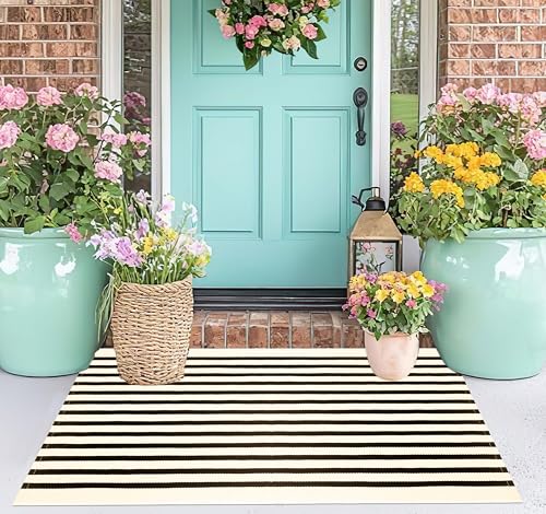 Black and Beige Layered Doormat,2x3 ft Striped Small Outdoor Porch Rug Cotton Woven Washable Farmhouse Layered Door Mats for Entryway/Porch Decor/Kitchen/Home Entrance - color: Beige Black, size: 2' x 3' (Rectangular)