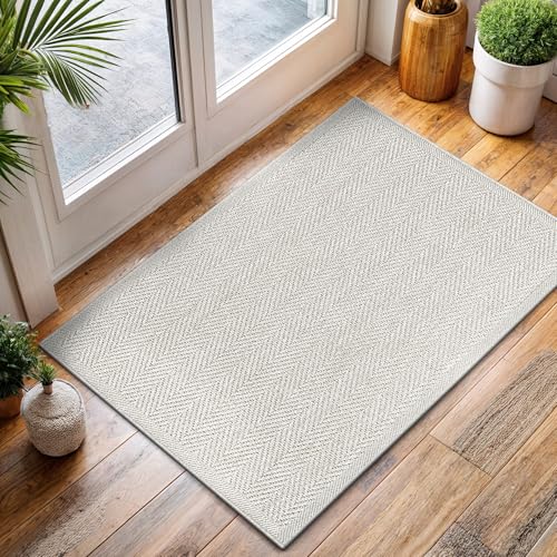 CAMILSON Easy Jute Rug 2x3, Indoor Outdoor Off-White Color Fiber Area Rugs for Bathroom and Kitchen Rug, Herringbone Seagrass Boho Woven Design, Easy-Cleaning, Washable Outside Carpet Alfombras 2 x 3 - color: Herringbone/Bone, size: 2' x 3' (Rectangular)