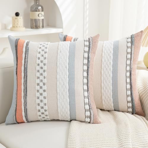 Boho Pillow Covers 18x18 Set of 2 for Couch-Modern Farmhouse Sofa Decorative Throw Pillow Covers Textured Chenille Cushion Covers Outdoor Netural Bohemian Pillow Cases Square - color: Orange-blue Stripe