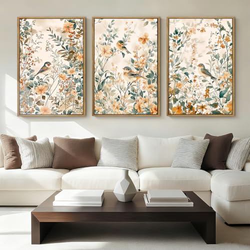ANHUIB Large Vintage Floral Bird Framed Wall Art 16x24 Inch Beige Botanical Pictures Wall Decor Nature Wildflower Canvas Painting Set of 3 Retro Neutral Flower Artwork for Living Room Bedroom Barhroom - color: Floral Bird, size: 24"L x 16"W