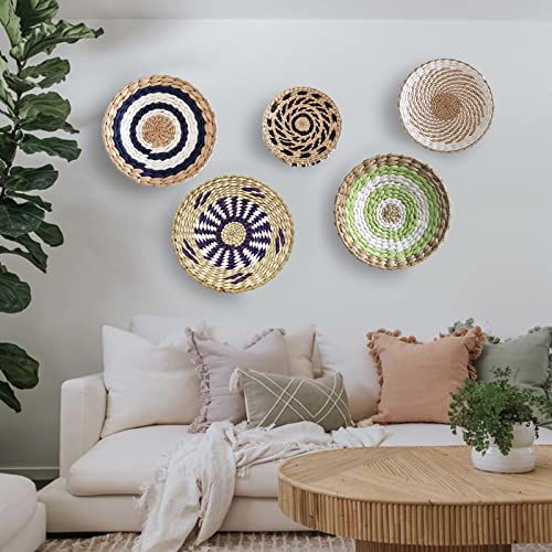 Ochine Woven Wall Basket Set Hanging Seagrass Baskets Boho Wall Basket Decor Wall Hanging Baskets Wicker Rattan Wall Decor Decorative Handmade Round Woven Wall Sculptures for Living Room Bedroom 20CM - color: B, size: 20CM