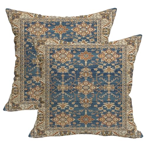 Boho Throw Pillow Covers 20x20 Set of 2 Blue Orange Ethnic Pattern | Spring Summer Boho Outdoor Pillows Cover Fall Western Bohemian Linen Decorative Pillowcase for Couch Living Room Bed Decor - color: Blue Orange 2, size: 20" x 20" (Pack of 2)