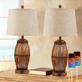 27” Vintage Bamboo Woven Table Lamps Set of 2, Farmhouse Rattan Bedside Lamps for Bedroom Livingroom Office Study with Nightlight and USB A+C, Bulbs Included