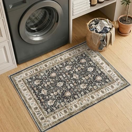 jinchan 2x3 Washable Vintage Floral Rug, Distressed Traditional Entryway Rug, Soft Low-Pile Non-Slip Accent Mat for Indoor Foyer, High-Traffic Kitchen Sink Laundry Room, Black - color: Oriental Taupe on Black, size: 2' x 3' (Rectangular)