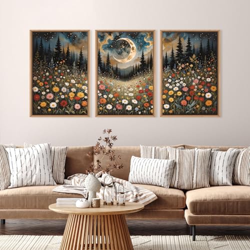 HPINUB Wildflower Moon Forest Framed Canvas Wall Art Set,Nature Pine Tree Wall Decor,Mystical Starry Night Artwork Rustic Mountain Landscape Art Print for Living Room,Bedroom,Office-16 x24 x3 - color: Wildflower Moon Wall Art, size: 16"L x 24"W