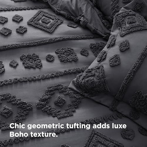 Bedsure Boho Duvet Cover King - Tufted Boho Bedding, Farmhouse-Style Distressed Vintage Embroidery Bedding for All Seasons, 3 Pieces, 1 Soft Jacquard King Comforter Cover and 2 Pillow Shams - color: 04 - Gray Tufted (No Comforter), size: King (104" X 90")