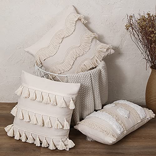 vctops Bohemian Geometric Tufted Throw Pillow Cover Rustic Moroccan Fringe Cushion Cover for Bed Sofa Couch (Beige A,12"x20") - color: Beige a, size: 20" x 12" (Pack of 1)