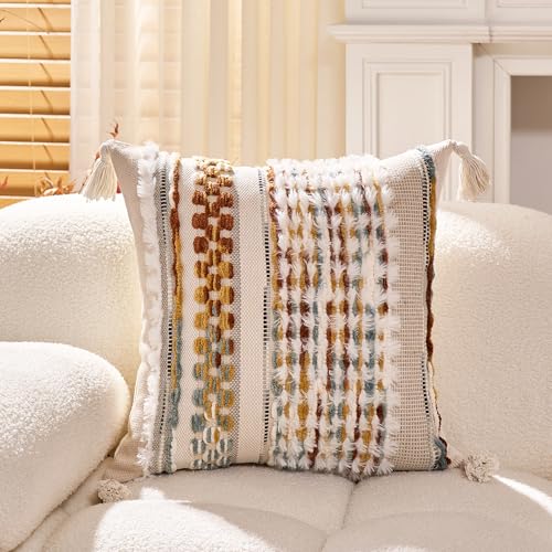 Boho Throw Pillow Covers 18x18 in Chenille Striped Textured Pillow Cover Farmhouse Decoration Striped Square Tassels Woven Pillowcase for Couch Bed Sofa Bedroom Living Room,Brown(Pack of 1) - color: White-brown Stripe Pack of 1, size: 18" x 18" (Pack of 1