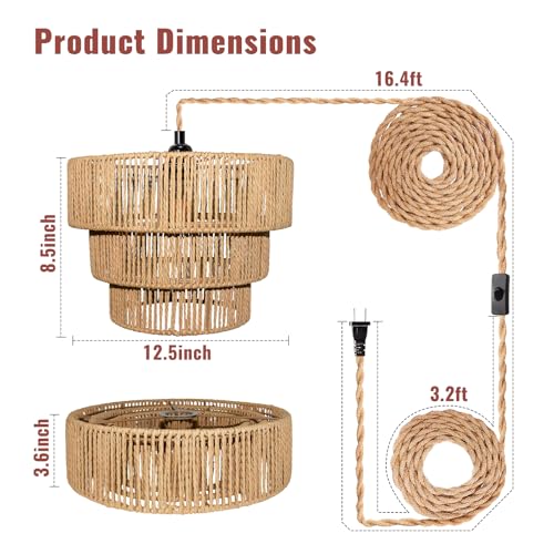 Hanging Light Ceiling Lamp Pendant Lights Rattan Hanging Lamp with Plug in Cord for Living Room Bedroom Kitchen Indoor Hanging Lamp Plug in Woven Lampshade - size: 12.5 Inch-Lantern Shade