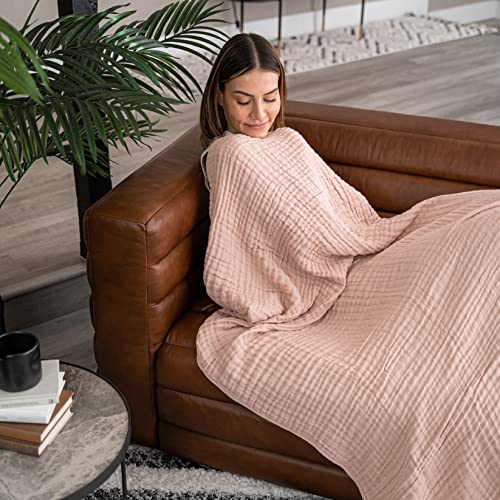 Comfy Cubs Muslin Throw Blanket - 50” x 60” Quilted Design - Lightweight, Breathable 6-Layer Gauze Fabric - Soft Cotton Blanket for Home or Travel - Packaged in Elegant Gift Box - Blush - color: Blush, size: Throw - 50" X 60"