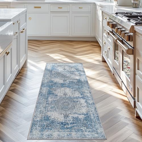 jinchan Runner Rug 2x5 Washable Hallway Rug Vintage Distressed Runner Indoor Thin Traditional Floral Mat Lightweight Non Slip Carpet for Kitchen Bathroom Laundry Room Bedroom Living Room Blue - color: Vintage Blue, size: 2' x 5' (Runner)