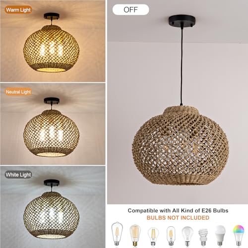 17" Farmhouse Rattan Chandelier 3-Lights Large Natural Wicker Pendant Light Boho Round Hand-Woven Seagrass Dining Room Lighting Fixture for Living Room Entry Bedroom Cafe Kitchen Island - color: Brown-17"-3-lights