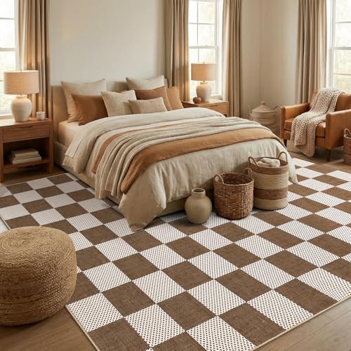 GarveeHome Checkered Terracotta Brown 8x10 Area Rugs for Living Room Geometric Diamond Dot Modern Neutral Boho Soft Low-Pile Large Rug for Bedroom Nursery Living Room Entryway Non-Slip TPE Backing - color: Terracotta Brown, size: 8' x 10' (Rectangular)
