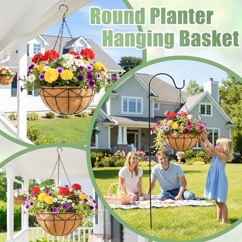2 Pack 12 Inch Hanging Baskets for Plants Outdoor Metal Hanging Planters Round Hanging Flower Pots with Coco Coir Liner Plant Holder for Outdoor Patio Garden Balcony Decor - Geometric - color: Geometric