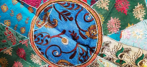 Indian Handmade Patchwork Codework Turquoise Pouf Cover Ottoman Round Floor Pillow Cushion Seating Throw Decorative Pom Pom Pillow Cases Bohemian 32 Inches - color: Blue