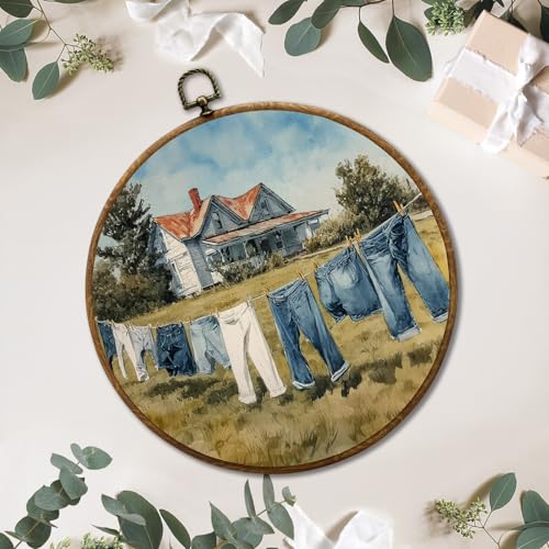 JUIOEIU Vintage Rustic Farmhouse Round Wall Decor, Country Laundry Day Framed Canvas Prints, Retro Cottagecore Landscape Wall Art Hanging Decorations for Washroom Bathroom Laundry Room Decor, 10x10in - color: Laundry room04
