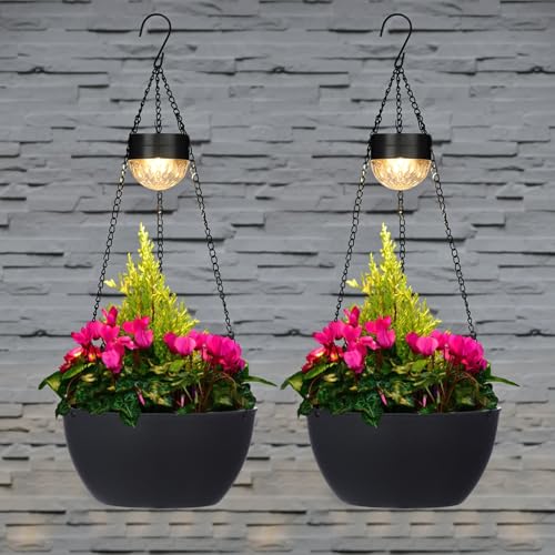 BAYN 2 Packs Solar Hanging Basket Planters for Plants Outdoor, Self Watering Black Flower Plants Pots with Solar Light Drainer for Balcony Patio Garden Outdoor Decoration - color: Black
