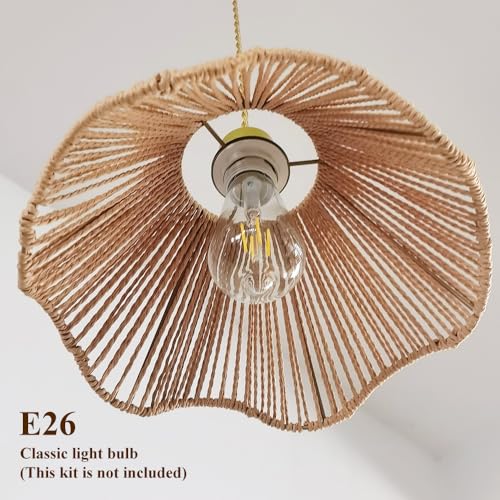 Boho Rattan Pendant Light, Shell-Shaped Boho Ceiling Lamp with Adjustable Height, E26 Lamp, Gold Finish, 12 Inch Diameter for Living Room/Bedroom/Dining Areas, cafes & entryways - color: 12” Flower shape