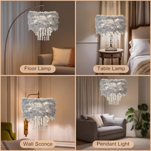 Feather Lamp Shade with Acrylic Beads Droplets, Fluffy Light Shade for Pendant, Table, Floor & Wall Lighting, Girl Bedroom Decor, ID 11.8inch, OD 15.7inch, Grey - color: Grey, size: 15.7 inches