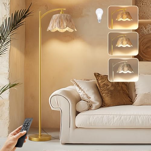 Oneach Arc Floor Lamp for Living Room with 3 Color Temperatures, Rattan Boho Floor Lamp with Hand-Woven Wicker Shade,Farmhouse Floor Lamps with Remote & Dimmable Bulb, Suitable for Bedroom（Gold） - color: Oil Gold