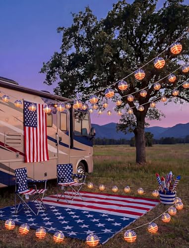 8.5Ft American Flag Lanterns String Lights Outdoor, 4th of July Decorations with 10 Nylon Mini Lanterns, Connectable Plug-in Red White Blue Lights for Independence Day Memorial Patriotic Party - color: Blue Lantern