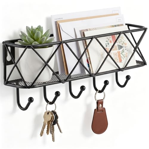 HappyHapi Key Holder for Wall Decorative, Entryway Key Hooks, Wall Mounted Key Rack with 5 Hooks, Metal Wire Mesh Basket Mail Holder, 9.8”Lx2.1”Wx4.1”H