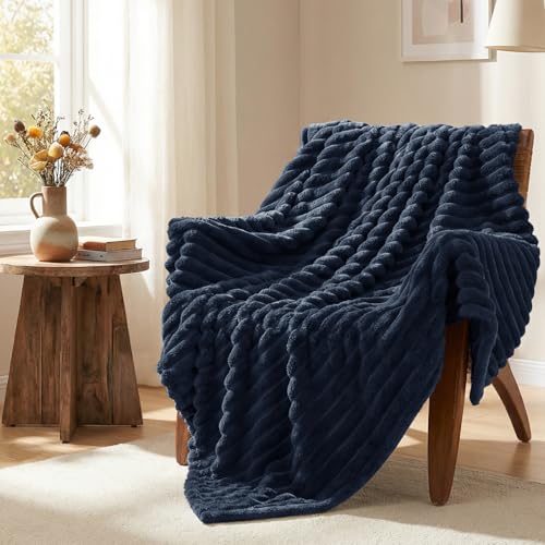 HIMEET Fleece Navy Blue Throw Blanket for Bed - 300GSM Ribbed Soft Cozy Blanket for Couch, Graduation Birthday Gifts for Women Men Dad, College Dorm Essentials Minimalist Room Throws, 50x60 Inches - color: Navy Blue, size: Throw (50" x 60")