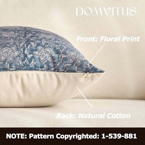 DOMVITUS Floral Pillow Covers 18x18 Throw Pillow Covers Block Print Vintage Decorative Neutral Pillow Cover for Couch Bed Living Room Dusty Blue 1PC - color: Dusty Blue, size: 18" x 18" (Pack of 1)