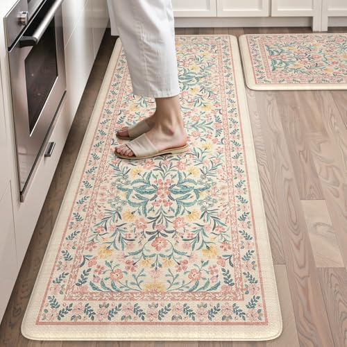 Collive Kitchen Mats Cushioned Anti Fatigue, Waterproof Kitchen Floor Mat Non Slip Desk Rugs Comfort Standing Rug, Pink Floral Carpets for Sink, Office, Laundry, Home Decor, 20" x 47" + 20" x 32" - color: Pink, size: 20"x32"+20"x47"