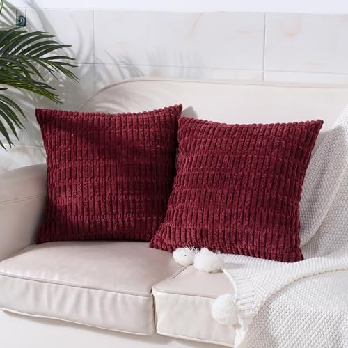 Pack of 2 Burgundy Corduroy Decorative Pillow Covers 18x18 Inch Soft Striped Boho Throw Pillow Covers Modern Farmhouse Home Decor for Sofa Living Room Couch Bed - color: Burgundy, size: 18" x 18" (Pack of 2)