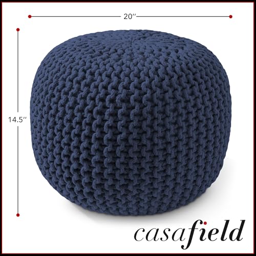 Casafield Round Pouf Ottoman, Navy Blue - 20" Diameter x 14.5" High Cotton Knit Foot Stool - Boho Floor Pouffe for Living Room, Bedroom, Home Office - color: Navy Blue, size: 20"D x 20"W x 14.5"H