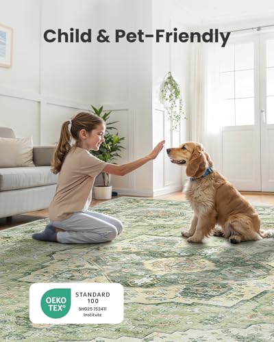 AMADA HOMEFURNISHING 9x12 Area Rug, Washable Low-Profile Large Area Rug with Non-Slip Backing & Durable Edge Binding, Vintage Large Rugs for Living Room, Bedroom - color: Green, size: 9' x 12' (Rectangular)