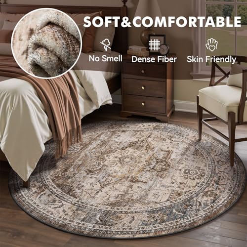 Engiw 6 ft Round Rugs for Living Room Bedroom Rug Circle Area Rug for Dining Room Table Throw Neutral Vintage Circular Rugs Washable Soft Comfortable Brown - color: Brown Multi, size: 6' (Round)