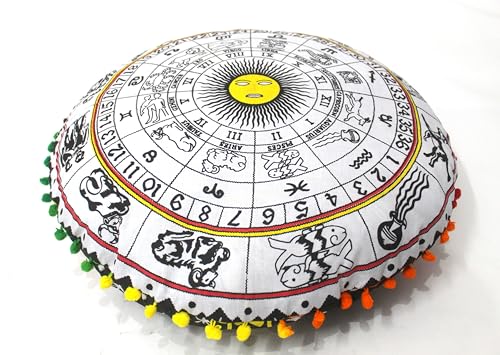Black and Yellow Zodiac Round Mandala Floor Pillow Cover Seating Cushion Throw Cover Hippie Decorative Bohemian Ottoman Pouf Cover, Pom Pom Pillow Cases,Boho Indian 32 Inches - color: Black/Yellow, size: 32" Round