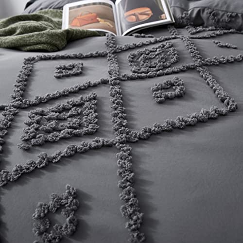 Oli Anderson Tufted Duvet Cover Queen Size, Soft and Lightweight Duvet Covers Set for All Seasons, 3 Pieces Boho Embroidery Shabby Chic Bedding Set (Grey, Queen, 90" x 90") - color: Grey, size: Full/Queen(90"×90")
