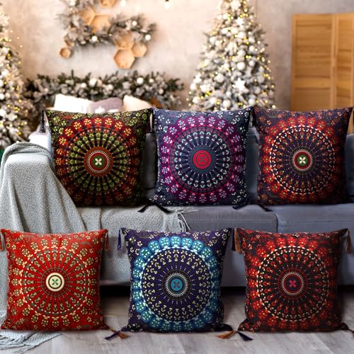 Mixweer 6 Pack Moroccan Mandala Pillow Covers 16 x 16 Inch Bohemian Decorative Cushion Covers with Tassels, Colorful Ethnic Throw Pillow Cases for Sofa Bed Couch Living Home Decor Diwali Festival