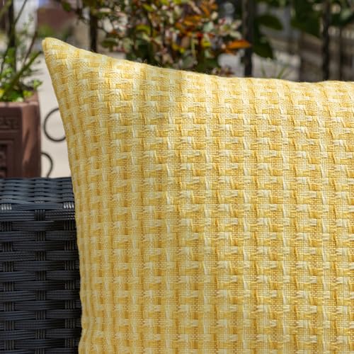Kevin Textile Outdoor Waterproof Throw Pillow Covers Pack of 2 Weaving Texture Water Resistant Outside Decorative Cushion Covers for Garden Patio Tent Balcony Bench Couch Sofa 16x16 Inch, Yellow - color: Yellow, size: 16" x 16" (Pack of 2)