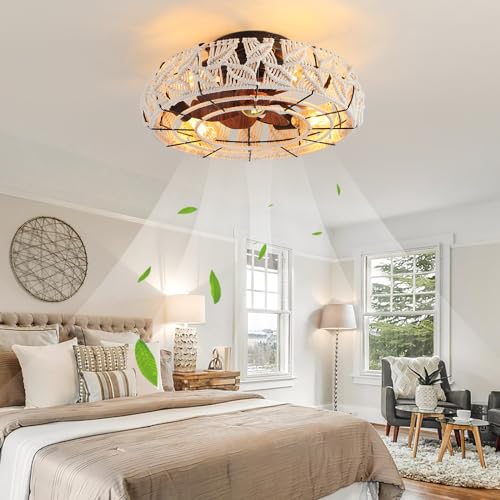 Boho Caged Ceiling Fans with Lights and Remote 20" Flush Mount 6-Speed Reversible Enclosed Low Profile Handmade Cotton Rope Ceiling Fan with Light 4 Bulbs,for Bedroom, Living Room, Kitchen - color: Cream Leaves